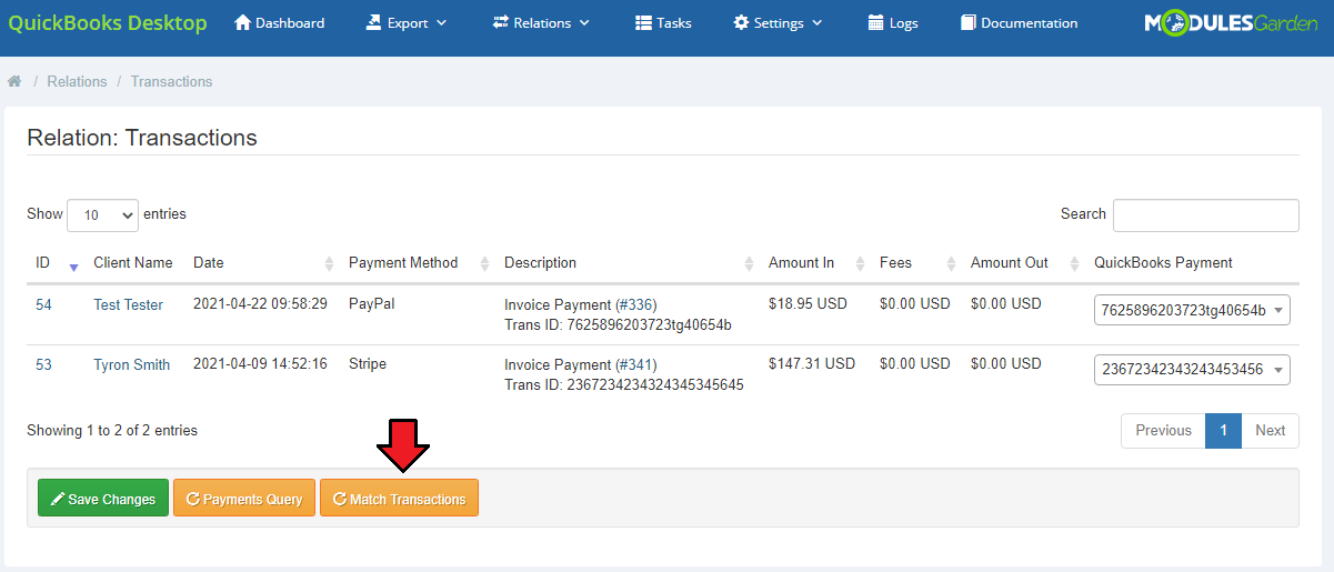 QuickBooks Desktop For WHMCS: Transactions relation list with the Match Transactions button highlighted
