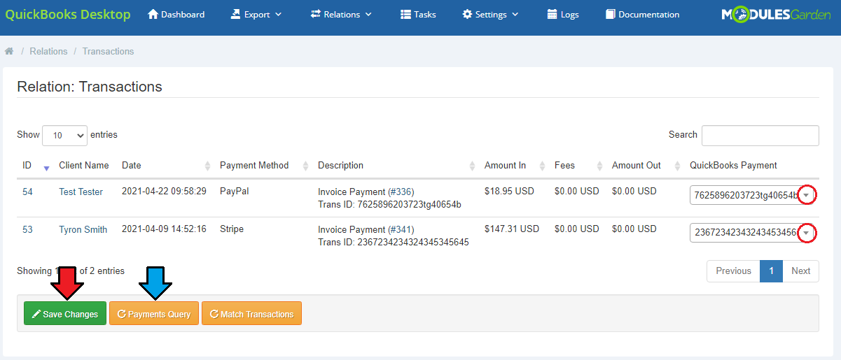 QuickBooks Desktop For WHMCS: Transactions relation list with the Payments Query and Save Changes buttons and dropdowns