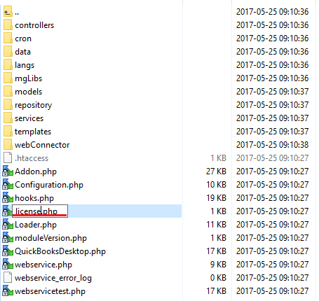 QuickBooks Desktop For WHMCS: file manager listing the module folder with license.php being renamed