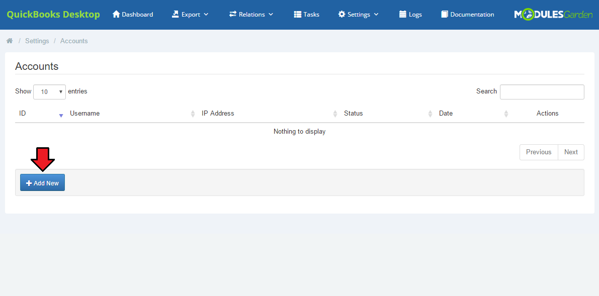 QuickBooks Desktop For WHMCS: module Settings Accounts page with the Add New button