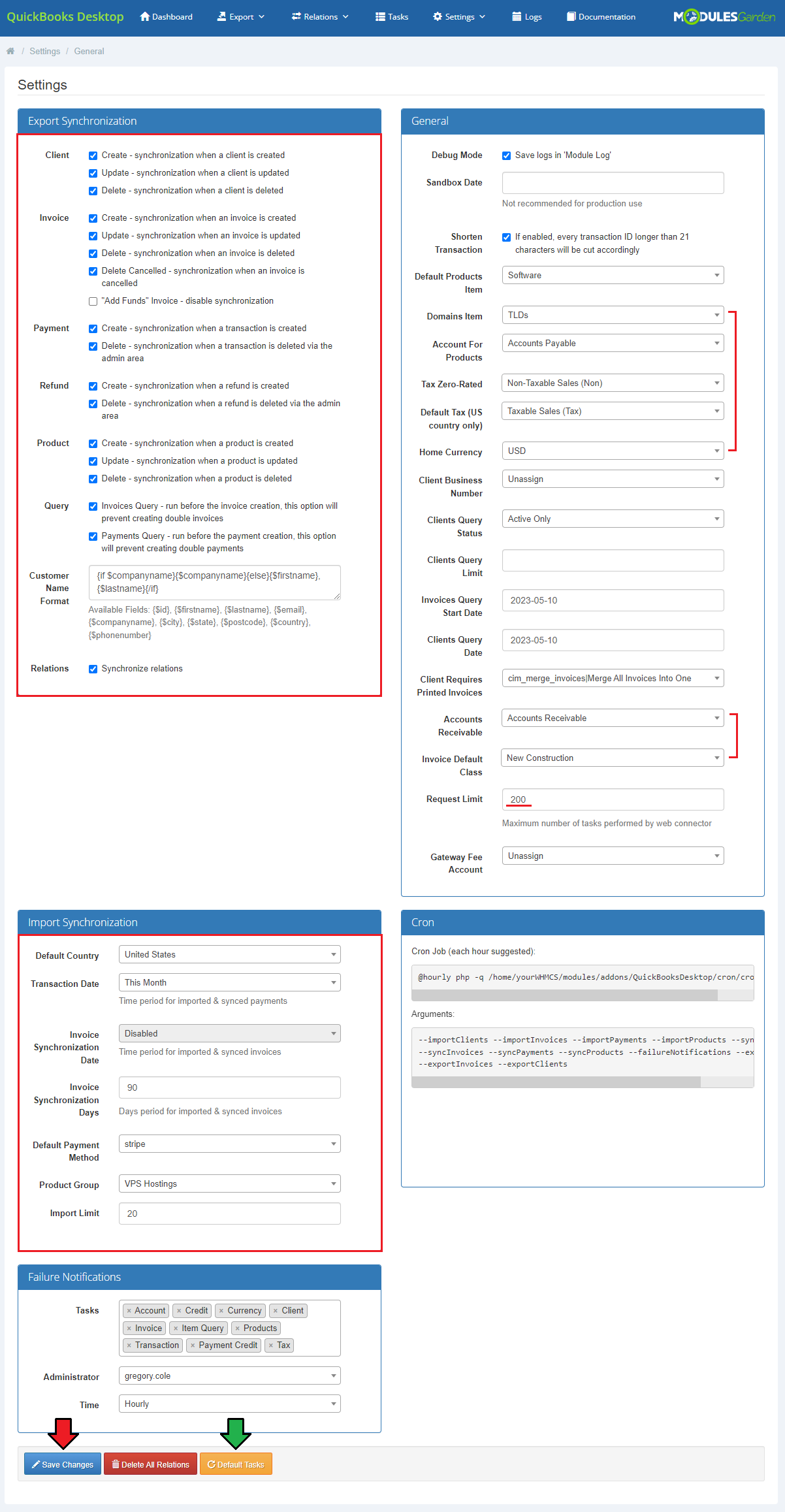 QuickBooks Desktop For WHMCS: module Settings page with export and import synchronization options and Save Changes