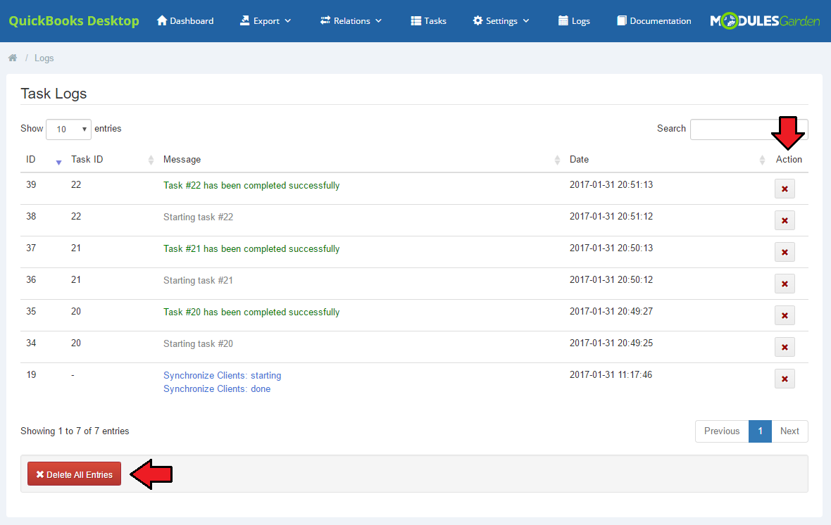 QuickBooks Desktop For WHMCS: Task Logs page with log entries, delete buttons and the Delete All Entries button