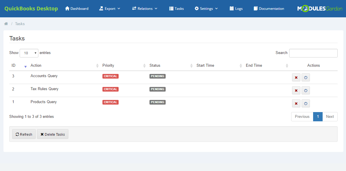 QuickBooks Desktop For WHMCS: module Tasks page with a task list, Refresh and Delete Tasks buttons