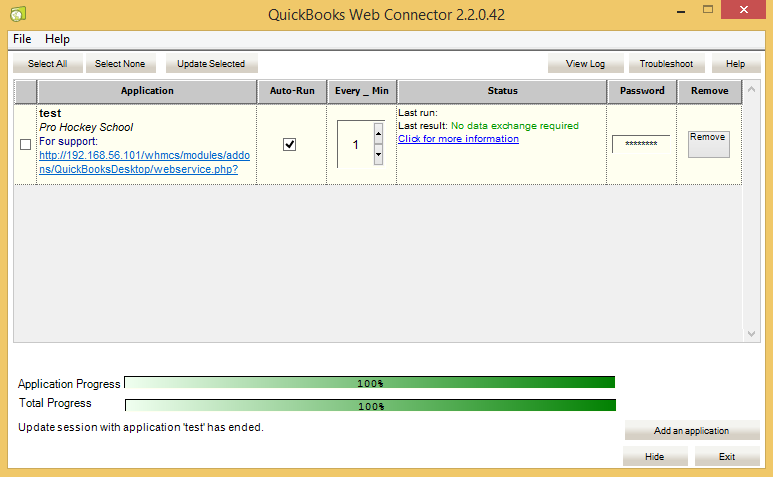 QuickBooks Desktop For WHMCS: QuickBooks Web Connector window listing the added application with auto-run enabled