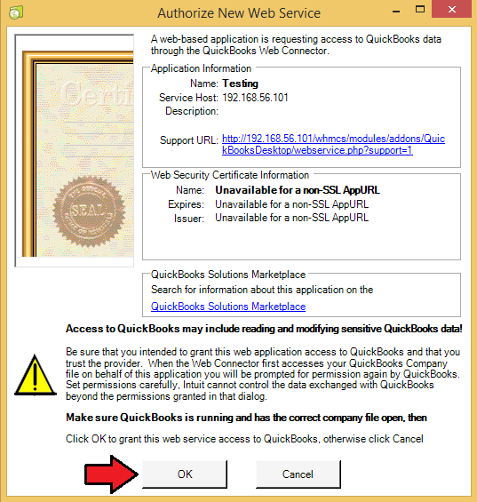 QuickBooks Desktop For WHMCS: QuickBooks Authorize New Web Service window with the OK button
