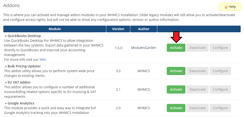 QuickBooks Desktop For WHMCS: WHMCS Addons list with the Activate button next to QuickBooks Desktop