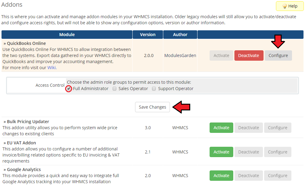QuickBooks Online For WHMCS: WHMCS Addon Modules with Configure button, Access Control admin roles and Save Changes