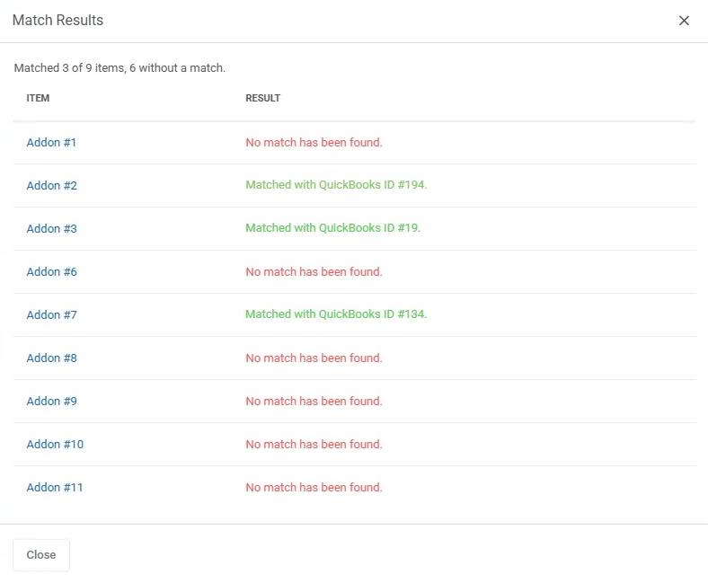 QuickBooks Online For WHMCS: Match Results window with relations found in green and items without a match in red