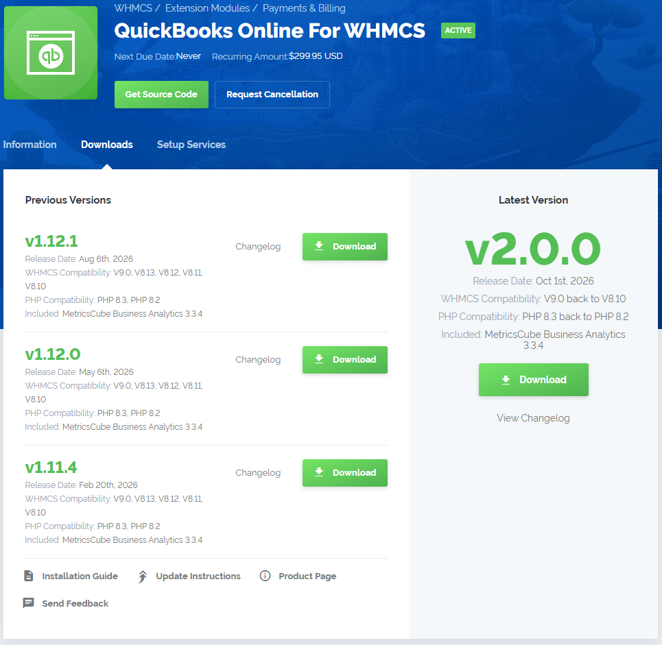 QuickBooks Online For WHMCS: client area product page with module versions and Download buttons