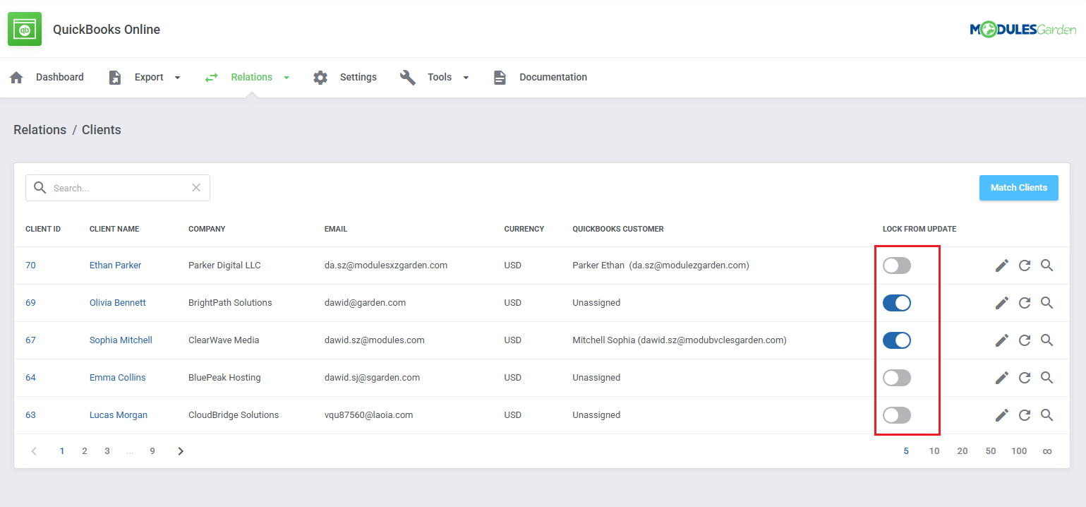 QuickBooks Online For WHMCS: Relations Clients list with the Lock From Update toggles highlighted in a red frame