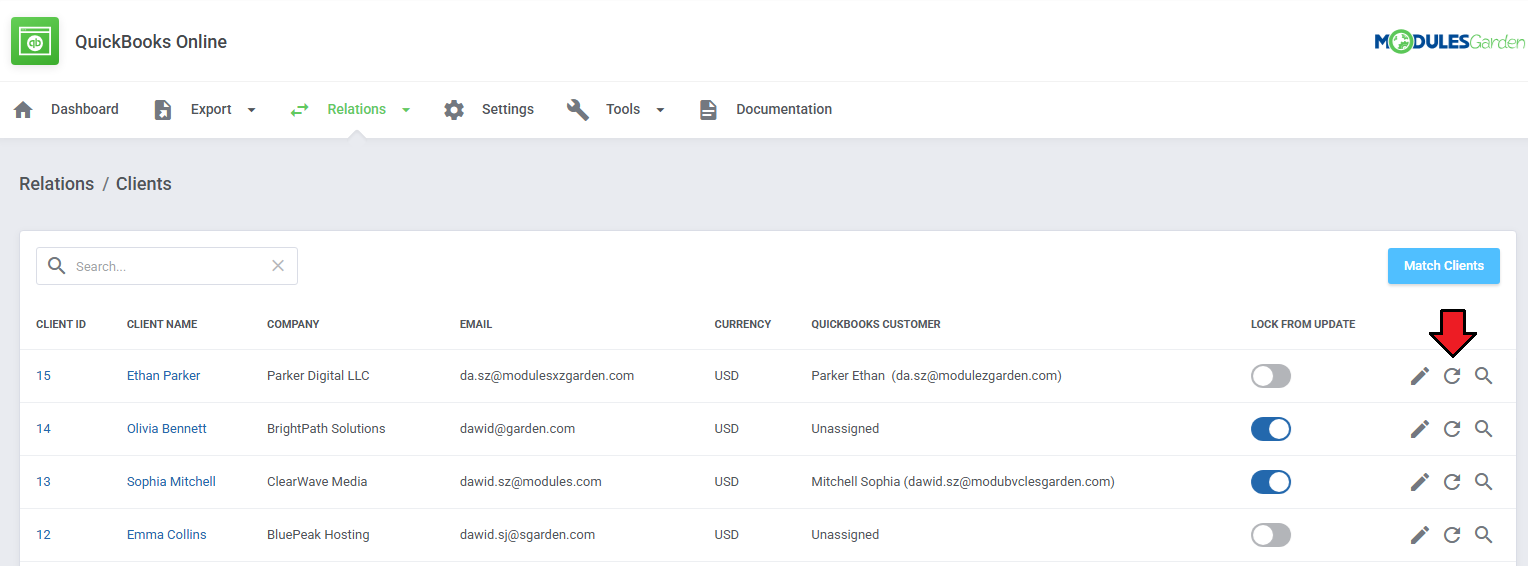 QuickBooks Online For WHMCS: Relations Clients list with a red arrow pointing at the update record icon of a client