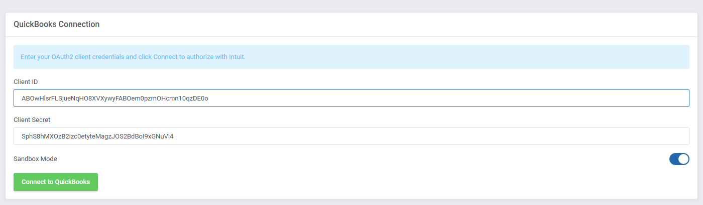 QuickBooks Online For WHMCS: module QuickBooks Connection form with Client ID, Client Secret, Sandbox Mode and Connect