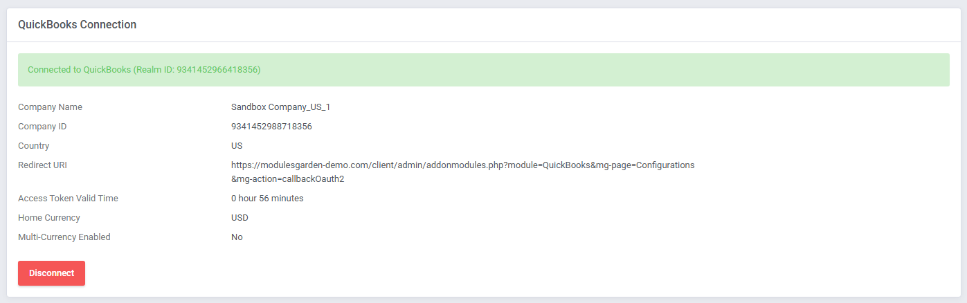 QuickBooks Online For WHMCS: module QuickBooks Connection panel with Connected status, company details and Disconnect