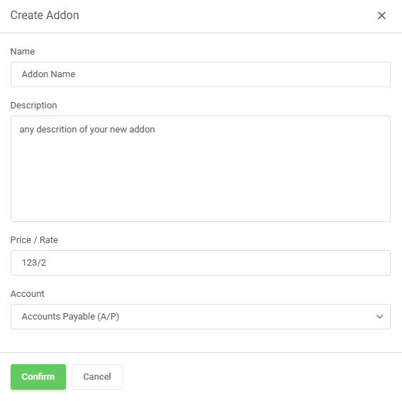 QuickBooks Online For WHMCS: Create Addon dialog with name, description, price and account fields