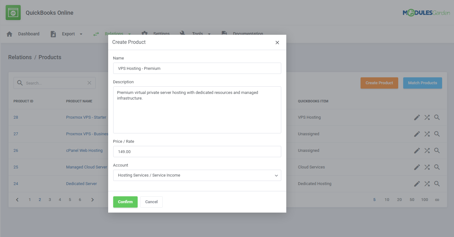 QuickBooks Online For WHMCS: Create Product dialog with name, description, price and account fields