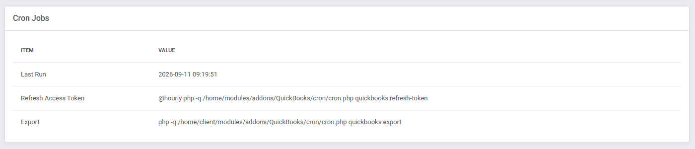 QuickBooks Online For WHMCS: module Cron Jobs table with last run and cron commands to refresh token and export