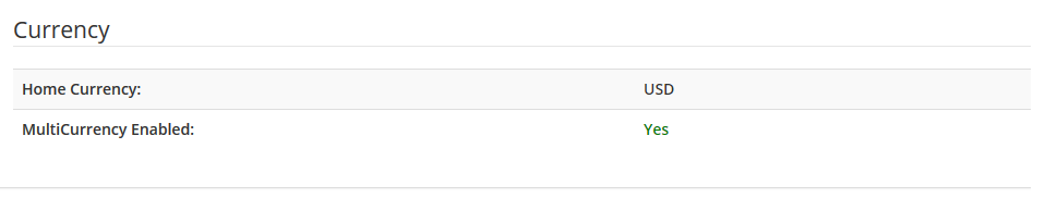 QuickBooks Online For WHMCS: module Currency section showing Home Currency USD and MultiCurrency enabled