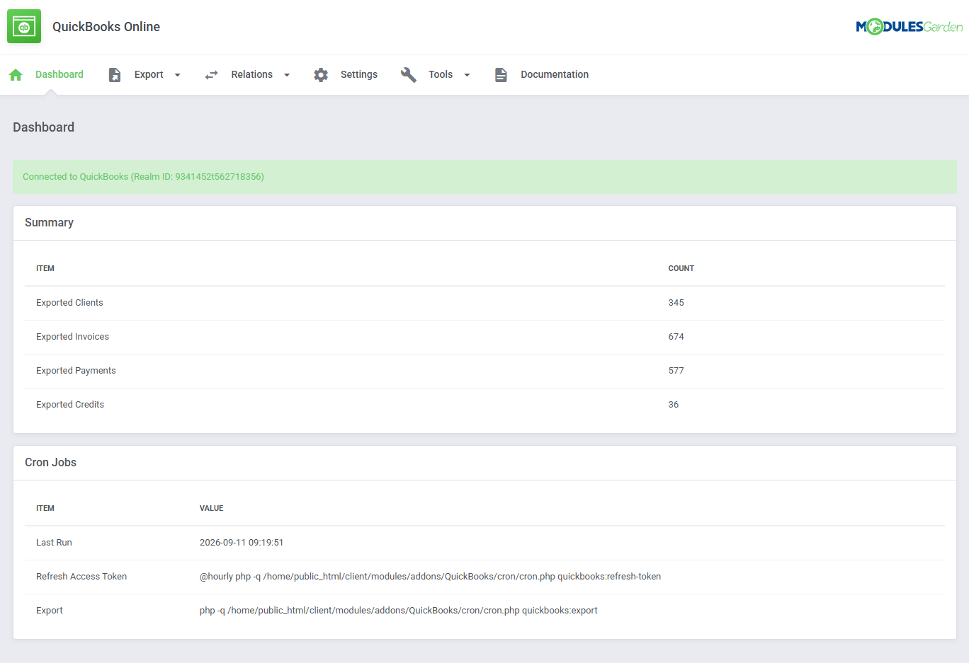 QuickBooks Online For WHMCS: Dashboard with connection status, exported items summary and the Cron Jobs table