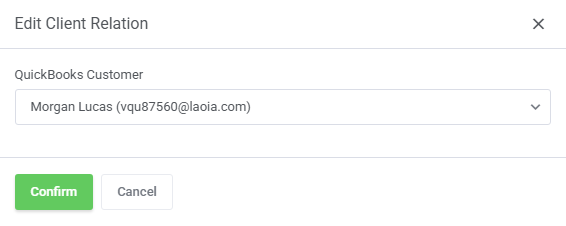 QuickBooks Online For WHMCS: Edit Client Relation dialog with the QuickBooks Customer dropdown and Confirm button