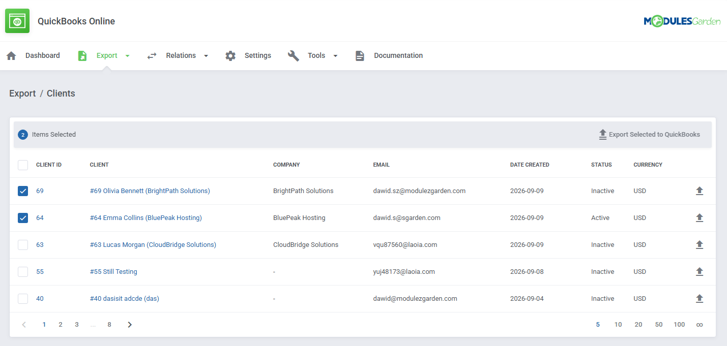 QuickBooks Online For WHMCS: module Export Clients list with selected clients and Export Selected to QuickBooks button