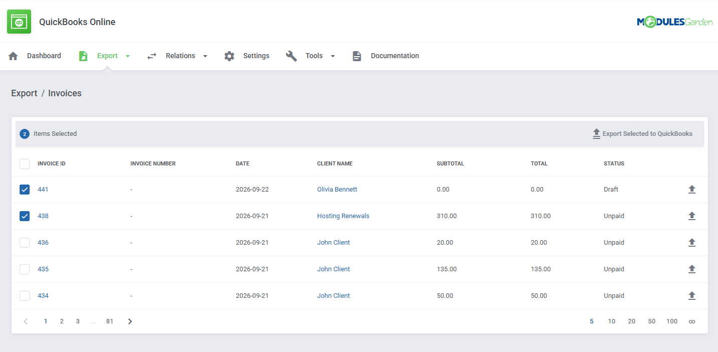 QuickBooks Online For WHMCS: module Export Invoices list with selected invoices and Export Selected to QuickBooks button