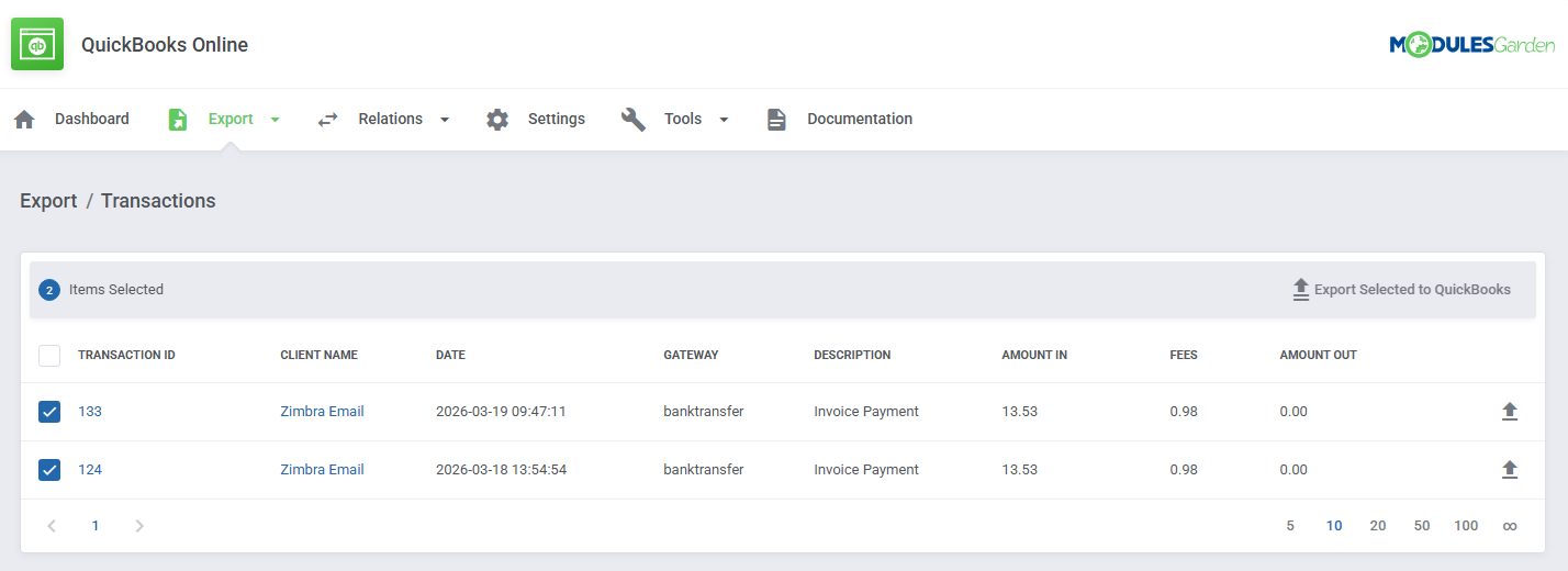 QuickBooks Online For WHMCS: module Export Transactions list with transaction details, gateway, fees and export buttons