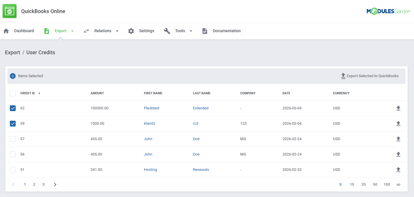 QuickBooks Online For WHMCS: module Export User Credits list with credit amounts and Export Selected to QuickBooks