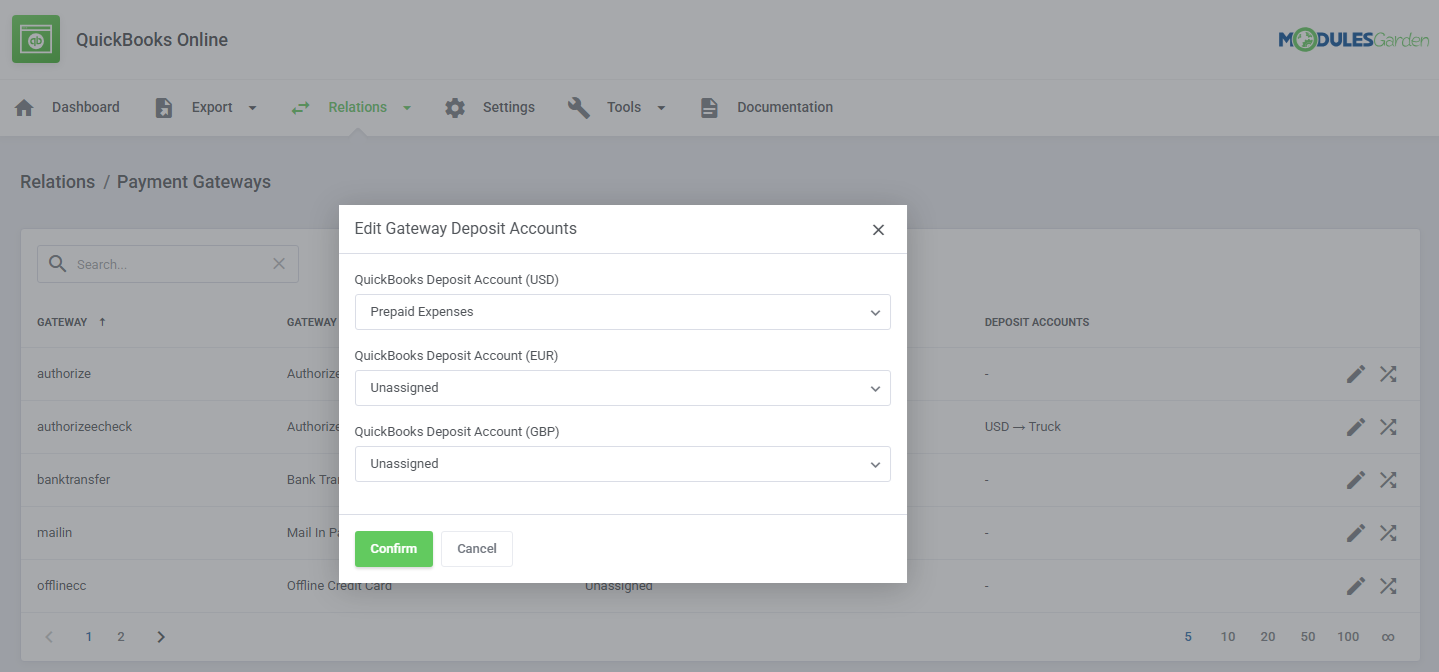 QuickBooks Online For WHMCS: Edit Gateway Deposit Accounts dialog with a QuickBooks deposit account per currency