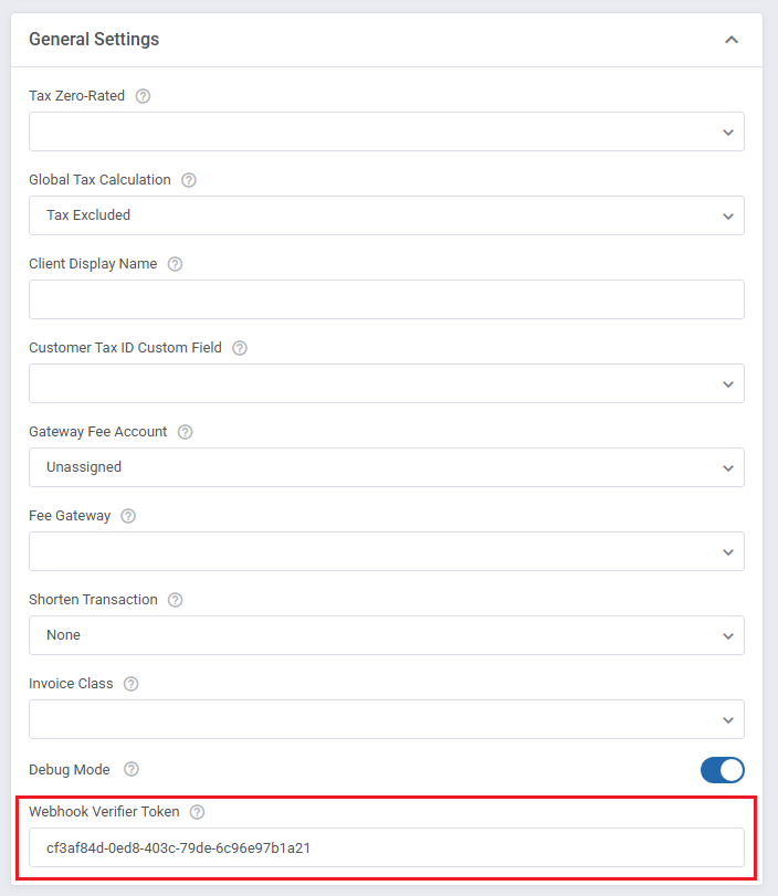 QuickBooks Online For WHMCS: module General Settings with the Webhook Verifier Token field highlighted