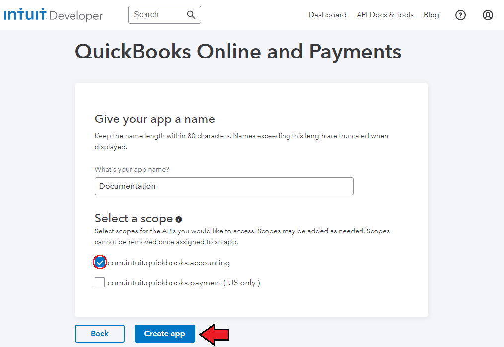 QuickBooks Online For WHMCS: Intuit Developer form with app name and the accounting scope checked before Create app