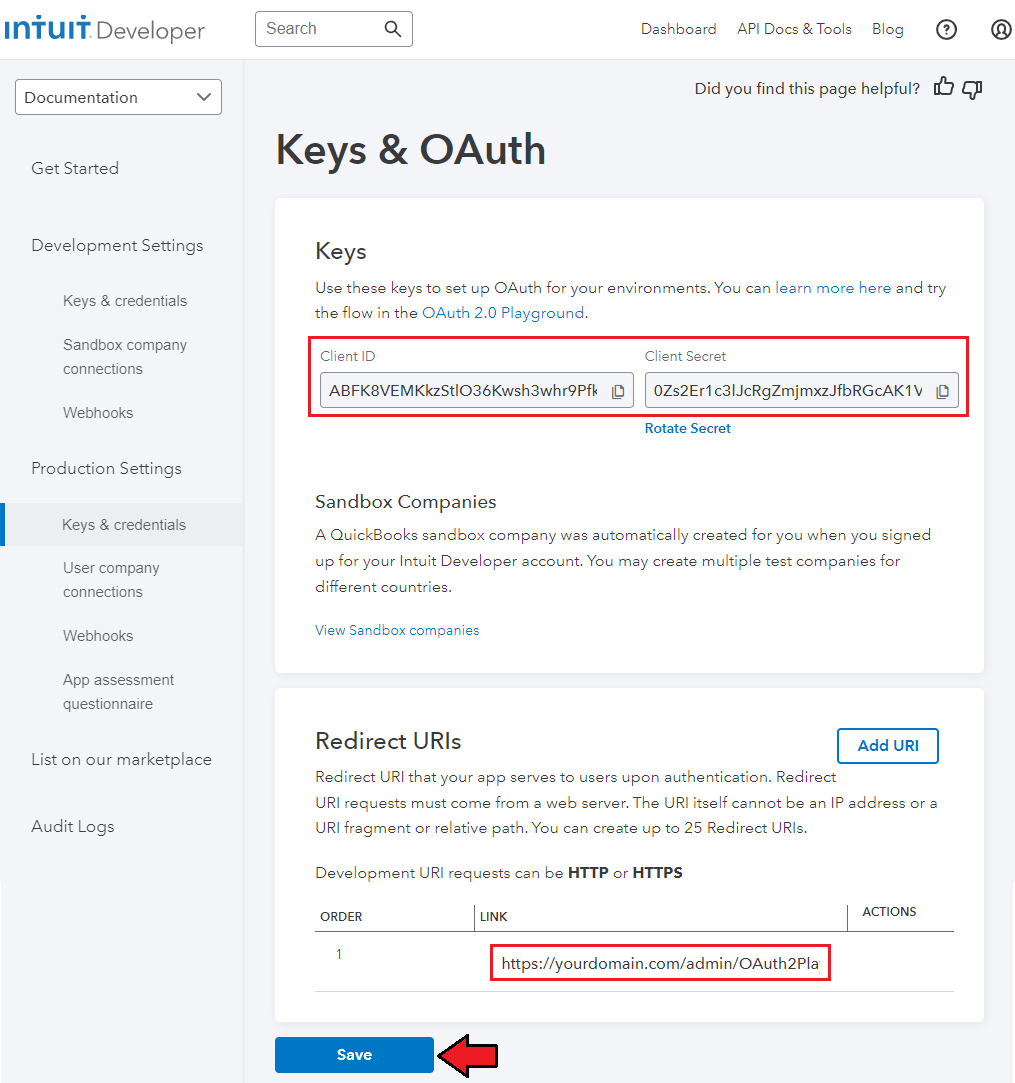 QuickBooks Online For WHMCS: Intuit Developer Keys and OAuth page with Client ID, Client Secret and Redirect URIs