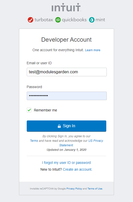 QuickBooks Online For WHMCS: Intuit Developer Account sign in form with email, password and Sign In button
