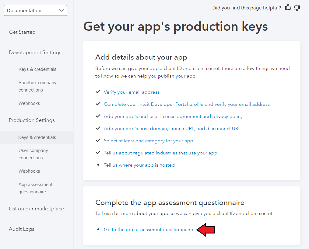 QuickBooks Online For WHMCS: Intuit Developer Production keys page with the link to the app assessment questionnaire