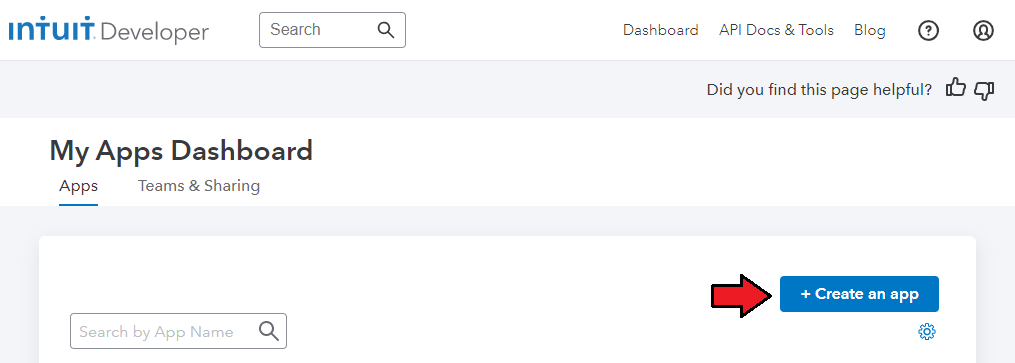 QuickBooks Online For WHMCS: Intuit Developer My Apps Dashboard with the Create an app button