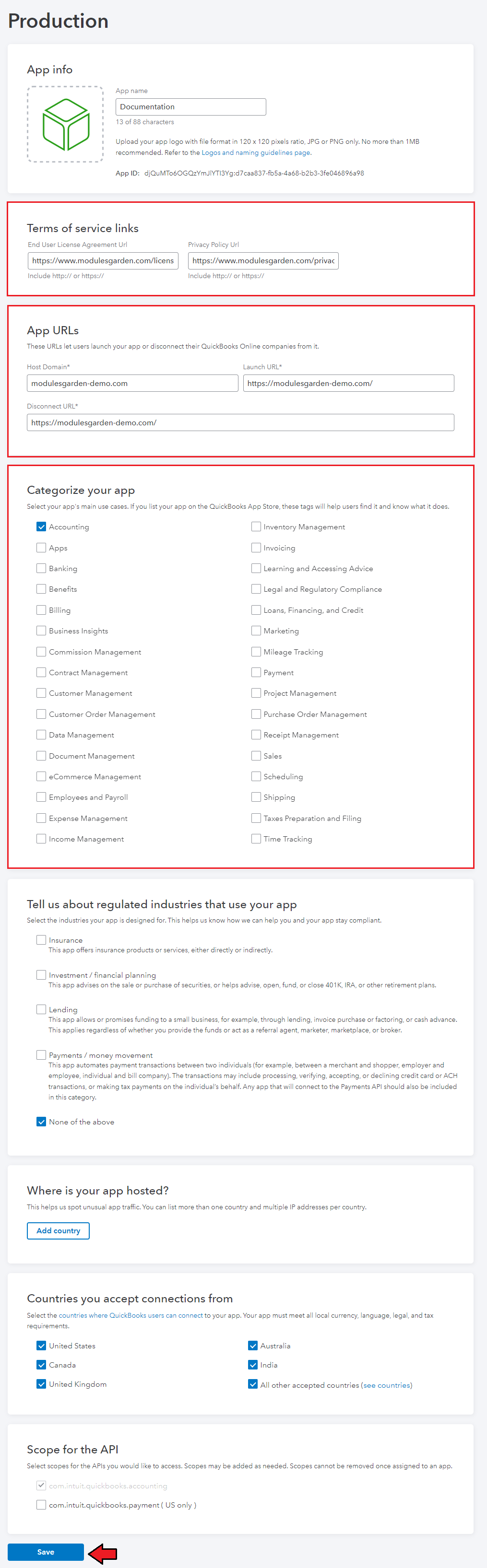 QuickBooks Online For WHMCS: Intuit Developer Production settings form with app info, terms links, categories and Save