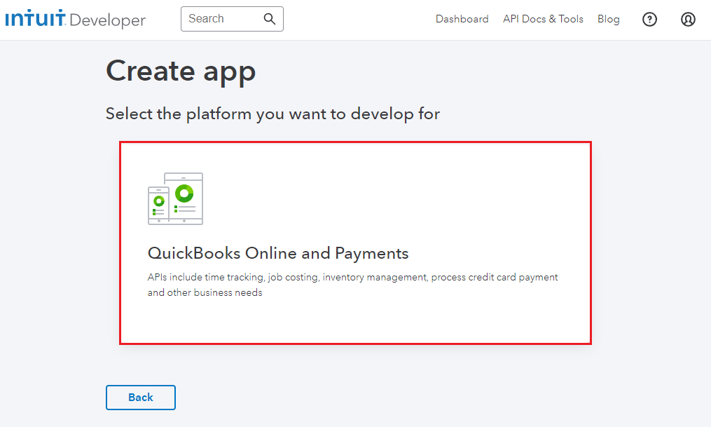 QuickBooks Online For WHMCS: Intuit Developer Create app page with the QuickBooks Online and Payments platform selected