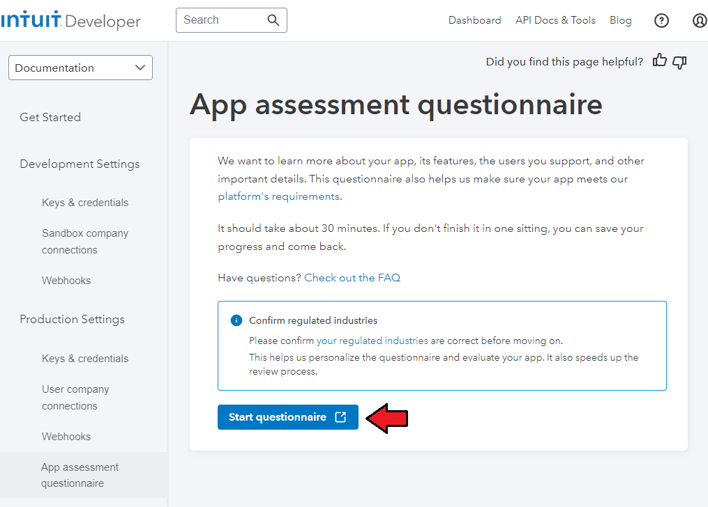 QuickBooks Online For WHMCS: Intuit Developer App assessment questionnaire page with the Start questionnaire button