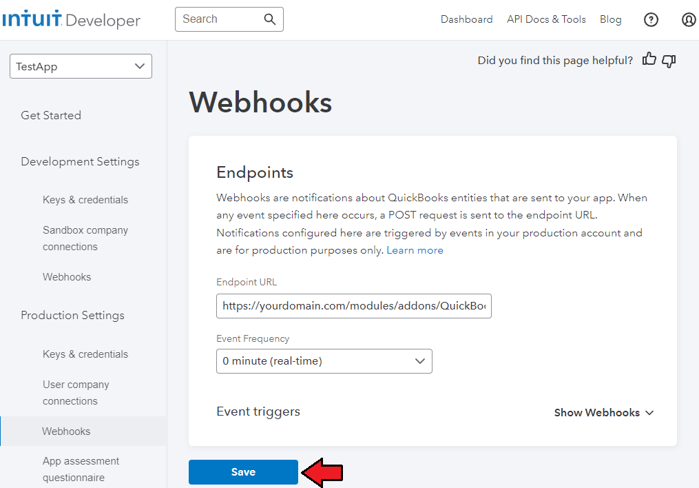 QuickBooks Online For WHMCS: Intuit Developer Webhooks page with the endpoint URL field, event frequency and Save button