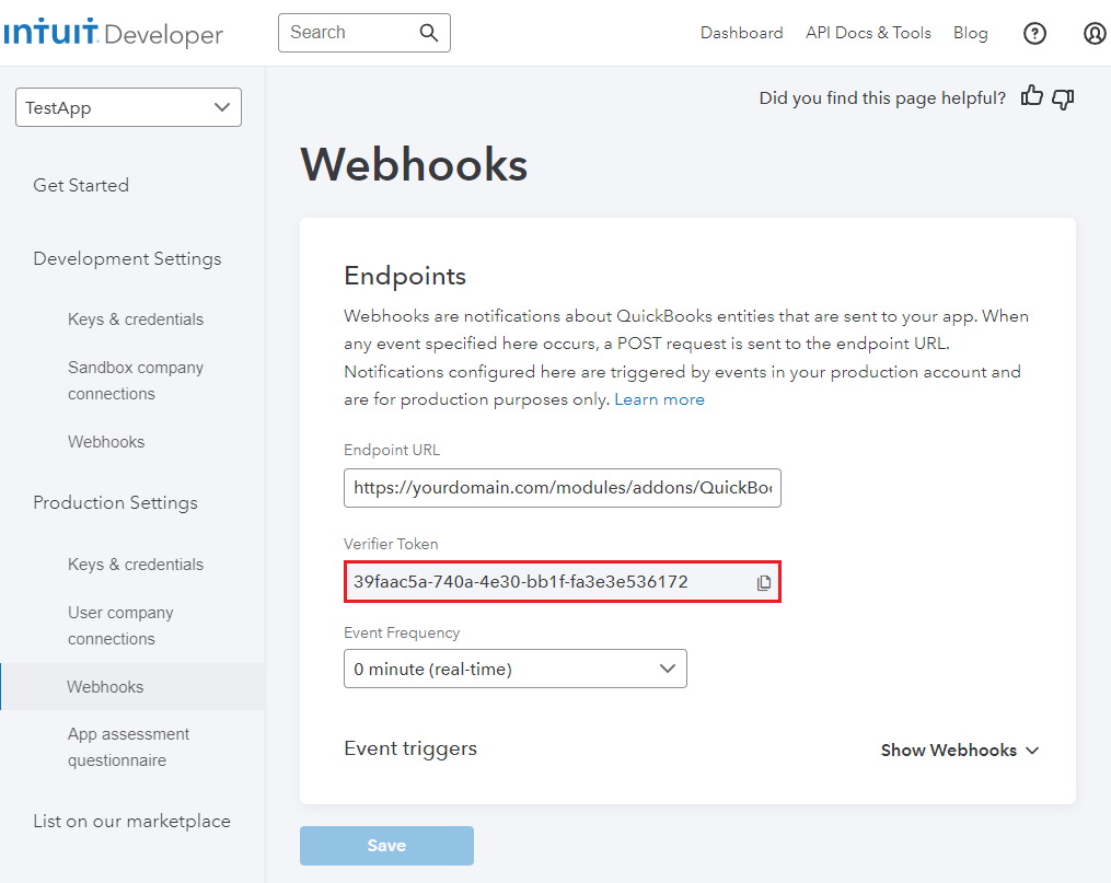 QuickBooks Online For WHMCS: Intuit Developer Webhooks page with the Verifier Token field highlighted