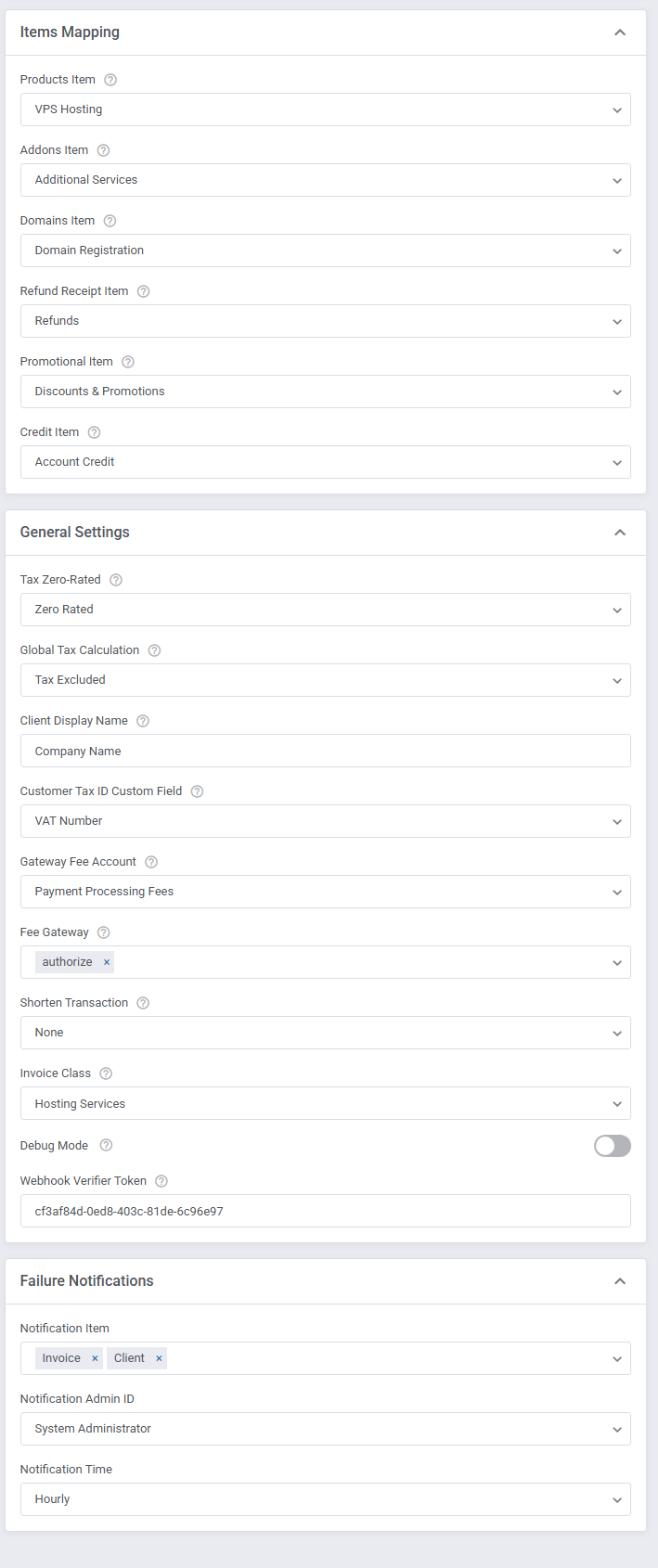 QuickBooks Online For WHMCS: module Items Mapping, General Settings and Failure Notifications configuration sections