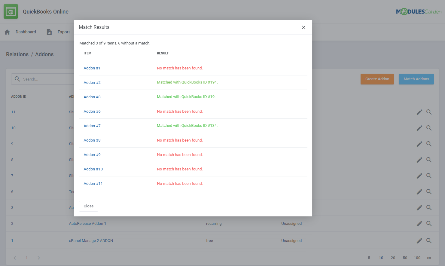 QuickBooks Online For WHMCS: Match Results window after using the Match Addons button, with found and missing matches