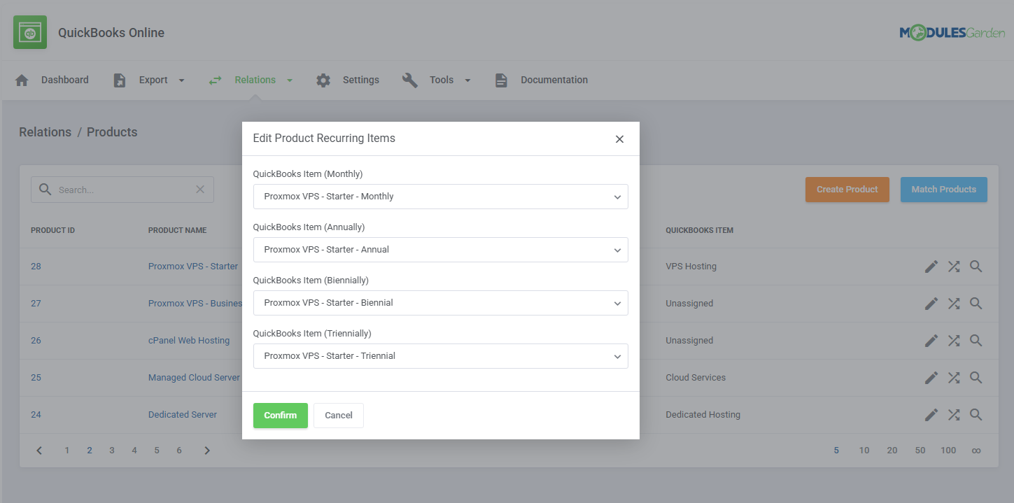 QuickBooks Online For WHMCS: Edit Product Recurring Items dialog with item dropdowns for each billing cycle