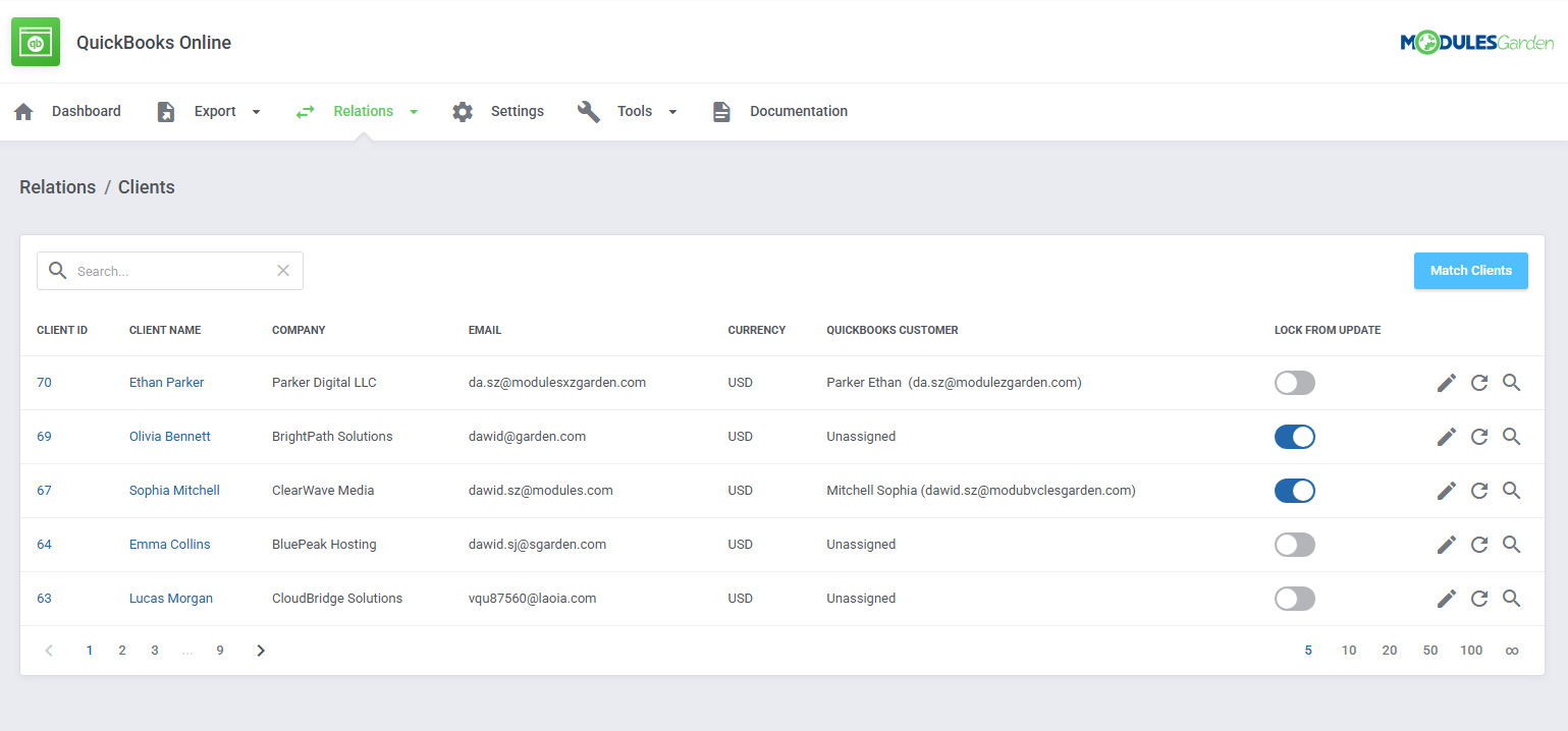 QuickBooks Online For WHMCS: module Relations Clients list with QB customer, Lock From Update toggles and Match Clients