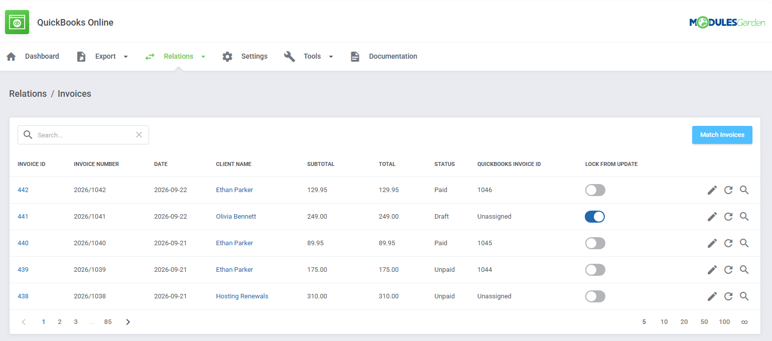 QuickBooks Online For WHMCS: Relations Invoices list with QuickBooks invoice IDs, lock toggles and Match Invoices button