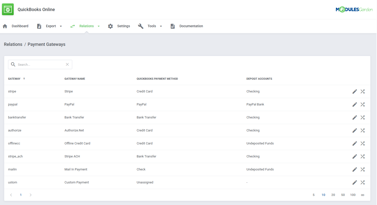 QuickBooks Online For WHMCS: Relations Payment Gateways list with QuickBooks payment methods and deposit accounts