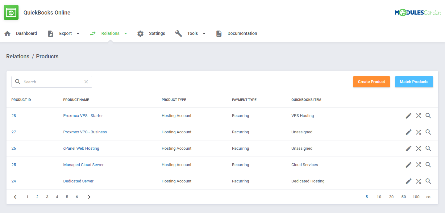 QuickBooks Online For WHMCS: Relations Products list with the Create Product and Match Products buttons
