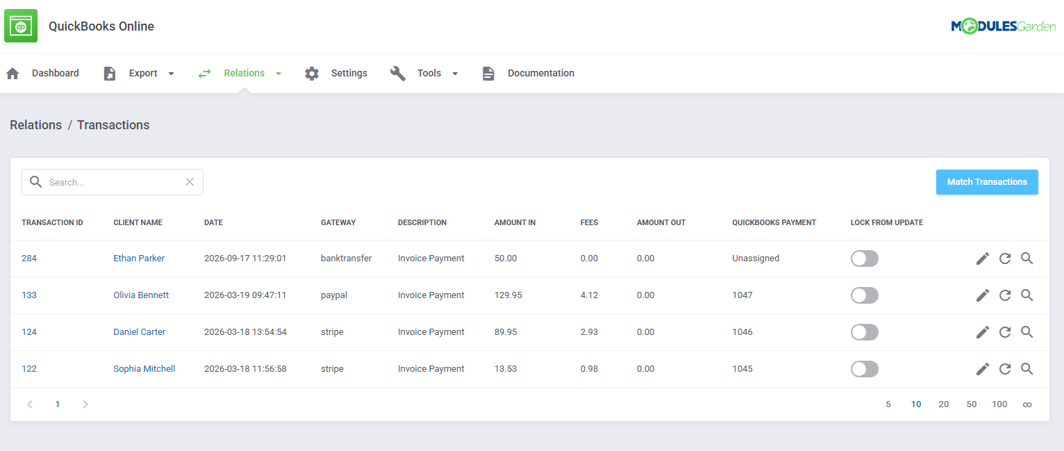 QuickBooks Online For WHMCS: Relations Transactions list with lock toggles, QuickBooks payments and Match Transactions
