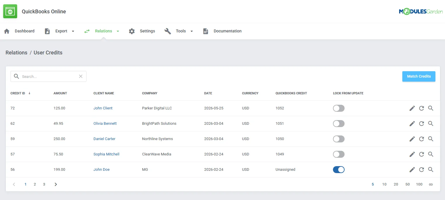 QuickBooks Online For WHMCS: Relations User Credits list with lock toggles and the Match Credits button