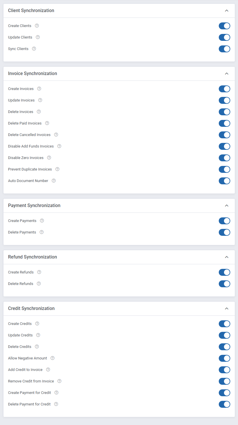 QuickBooks Online For WHMCS: module synchronization toggles for clients, invoices, payments, refunds and credits
