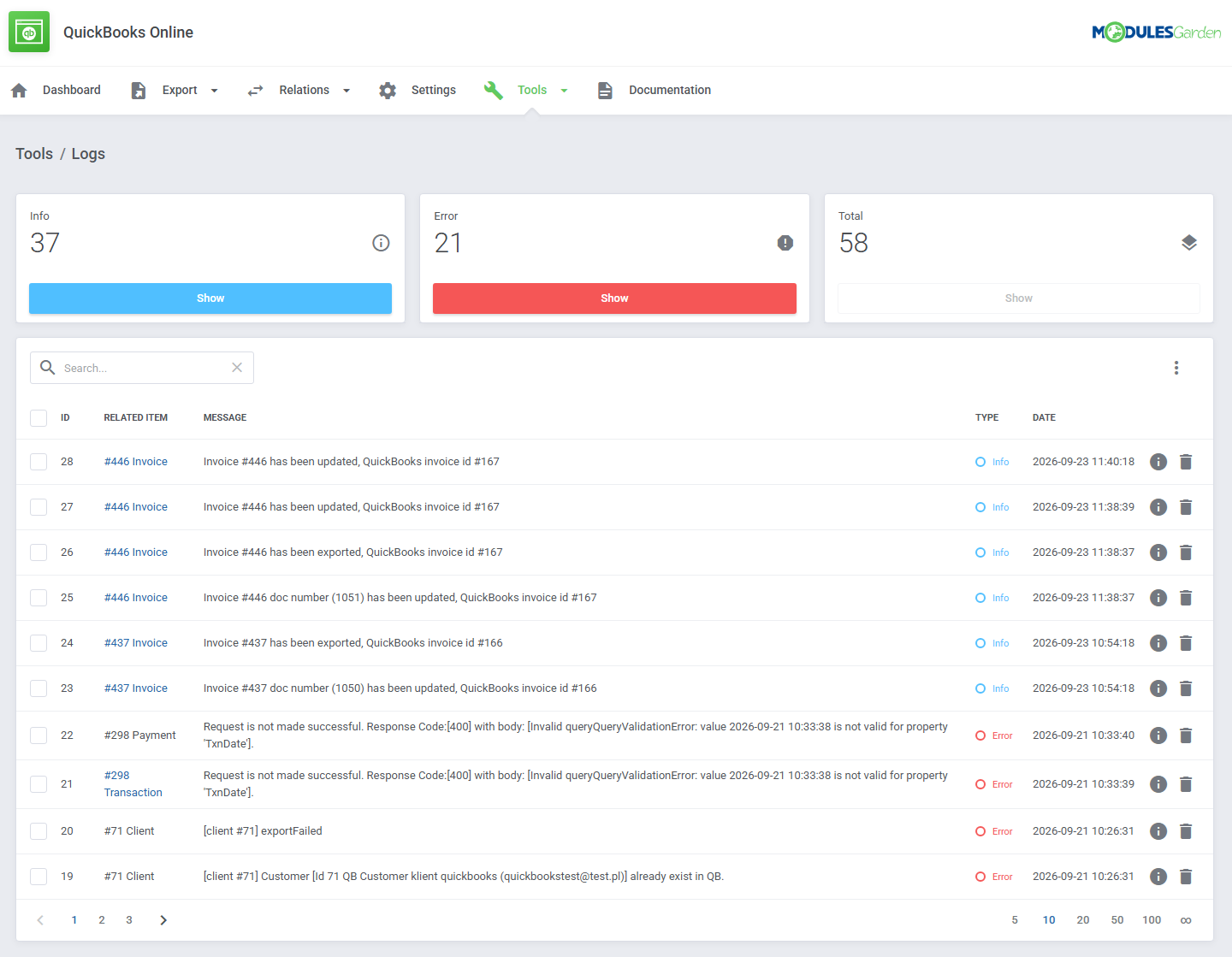 QuickBooks Online For WHMCS: Tools Logs page with info and error counters and a table of log entries